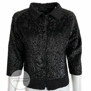 Black Silk Jacket Embellished Beaded Sequins Cocktail Evening Formal Vintage